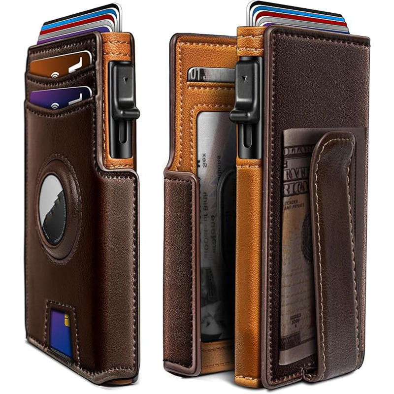 Cross-Border Airtag Wallet Carbon Fiber Pattern Genuine Leather Wallet Multi-Card Slot Short Metal Card Holder Men's Wallet