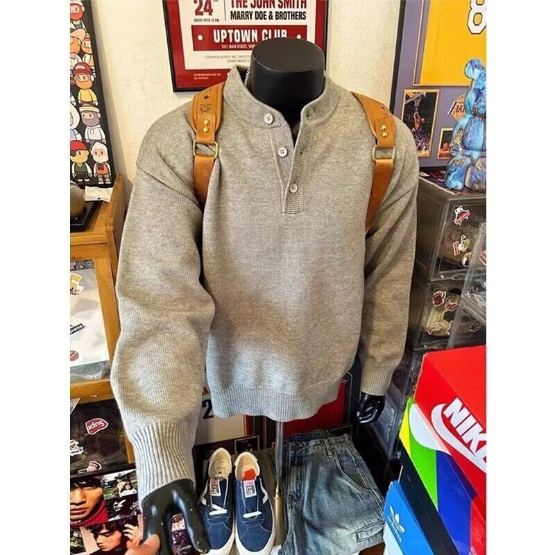 New autumn style heather gray vintage henley neck sweater for men, winter high-end American casual style inner knitwear New autumn style heather gray vintage henley neck sweater for men, winter high-end American casual style inner knitwear