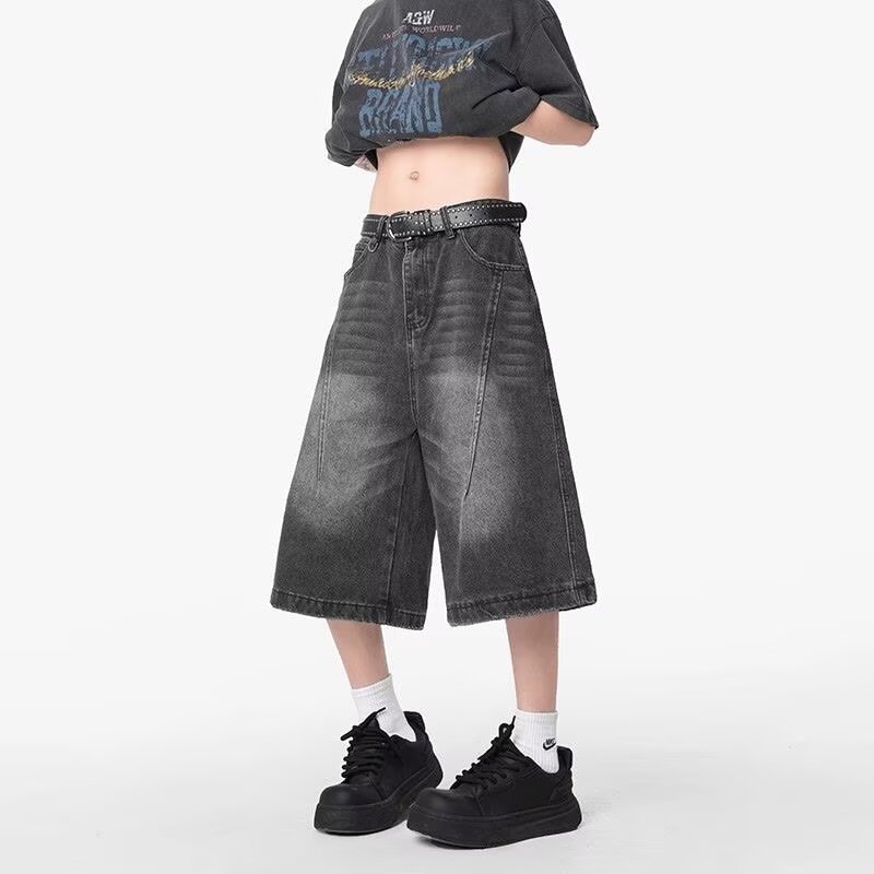 Men's Summer New American Retro Trendy Loose Over-The-Knee Casual Straight Cropped Jeans for Export