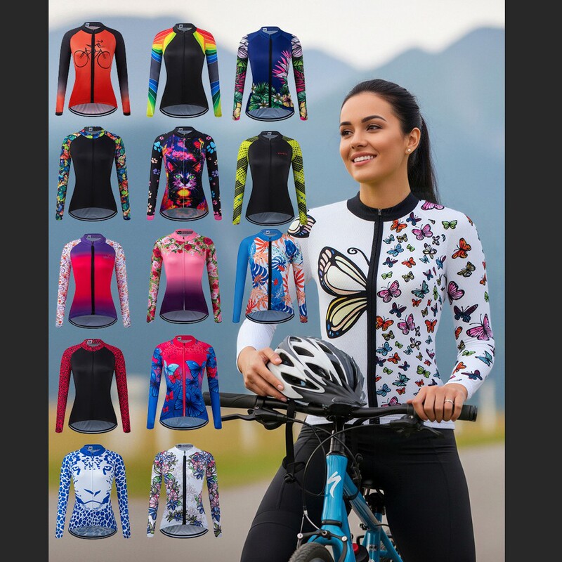 European and American style cross-border butterfly print long-sleeve cycling jersey for women, slim fit, quick-drying, breathable, suitable for road cycling, spring and summer collection