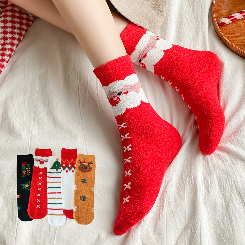 Calcetines de Navidad otoño e invierno nuevo mediados de la pantorrilla recta árbol de Navidad calcetines de terciopelo bilateral dulce damas piso de casa calcetines de Navidad