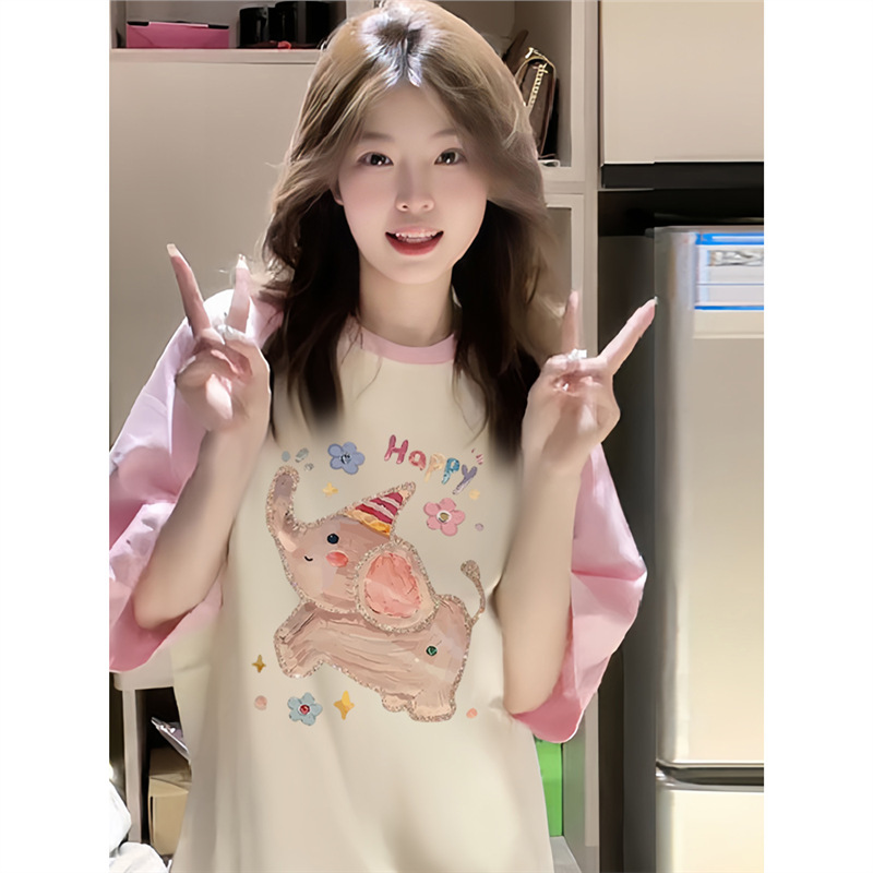 Pink Elephant Short-Sleeved T-Shirt Women's Pure Cotton 2025 Summer New Loose Large Size Raglan Sleeve Round Neck Top T-Shirt Pink Elephant Short-Sleeved T-Shirt Women's Pure Cotton 2025 Summer New Loose Large Size Raglan Sleeve Round Neck Top T-Shirt