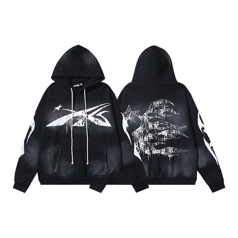 Hellstar ヨーロッパとアメリカのトレンディなブランド、ハイストリート、レトロ、ウォッシュド、ダメージ加工、プリント、ストリート、ルーズフィットのパーカー、男性用と女性用のスウェットシャツ|undefined