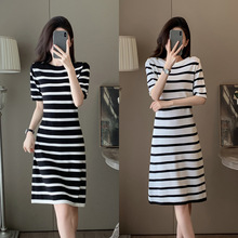 7543欧洲站黑白条纹一字领海锚金属扣针织连衣裙女夏季新款a字裙