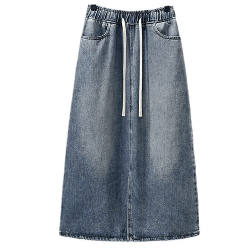 Women's Large Size Denim Half Body Skirt for 2025 Spring with Drawstring High-Waist Slimming Versatile Elastic Waist Slit Medium-Length Fashion Skirt