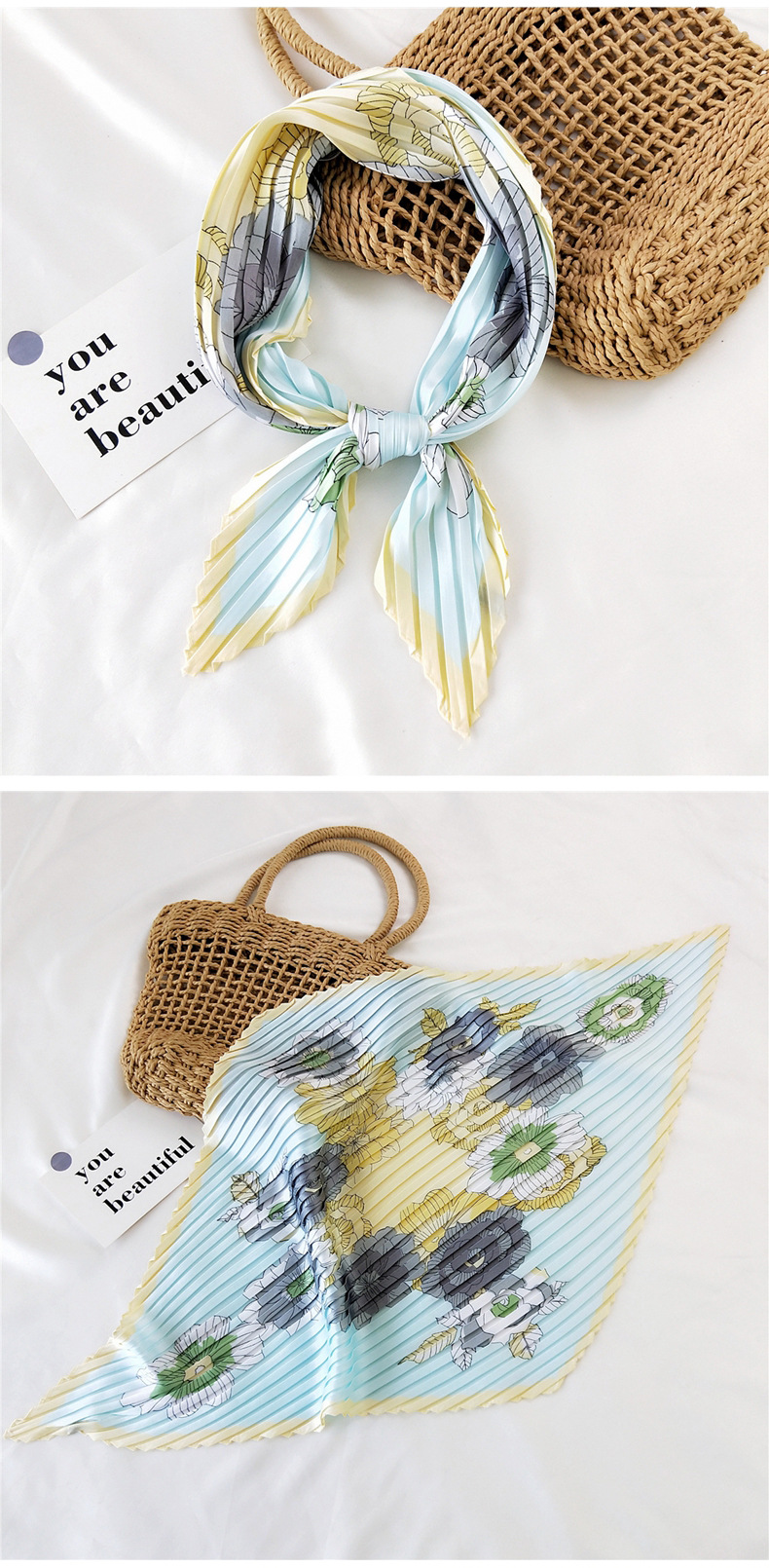 45g Weight Silk Scarf Classification Travel Occasion Silk Material Unisex Gender Sweet Style Khaki, Grey, White, Red, Green, Blue, Yellow, Black Color Korean Pleated Silk Square Scarf 17