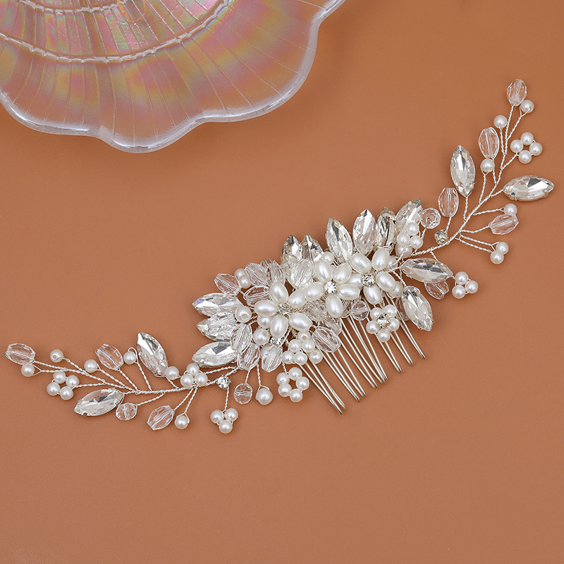 European and American cross-border fashion pearl comb hand-woven rhinestone crystal hair comb wedding photo updo bridal headwear