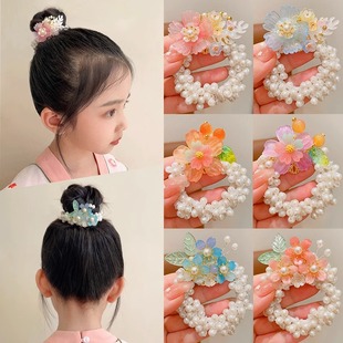 Ancient Style Flower Hair Rope Headdress for Girls, Ball Hair Rope, Little Girl's Rubber Band Hair Accessories, Kidsren's Pearl Hair Ring