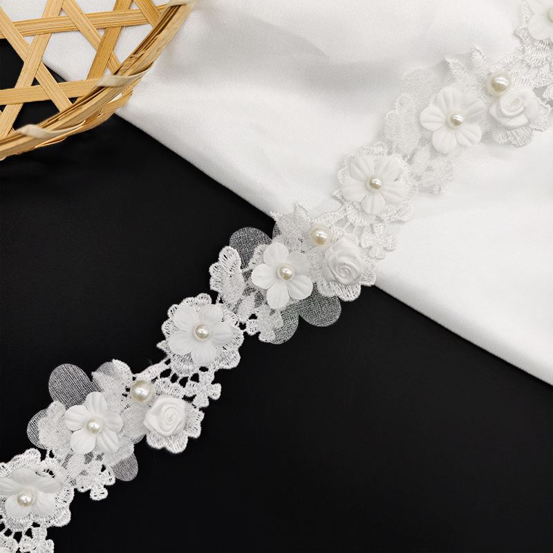优多品白色蕾丝花边 玫瑰小花钉珠花朵 窗帘发饰婚纱童装辅料批发