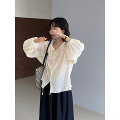 江左 浪漫主义 韩系减龄木耳边系带女夏宽松慵懒风泡泡袖衬衫6231