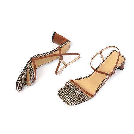 French Retro Sandals Thick Heel High Heels Ladies Square Toe Buckle Niche Design Sense Plaid Hong Kong Style Shoes Women