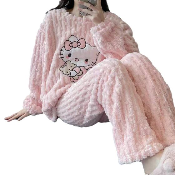 Kitten Home Clothes Coral Fleece Pajamas Women's Autumn and Winter Thickened Flannel Sweet Cartoon Cute Jacquard Warm suit