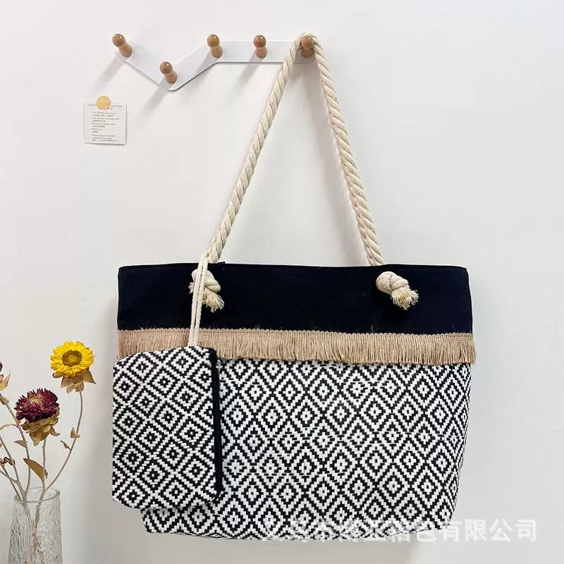 跨境热销沙滩包编制手提包大容量拼接沙滩包帆布手提袋帆布包定制