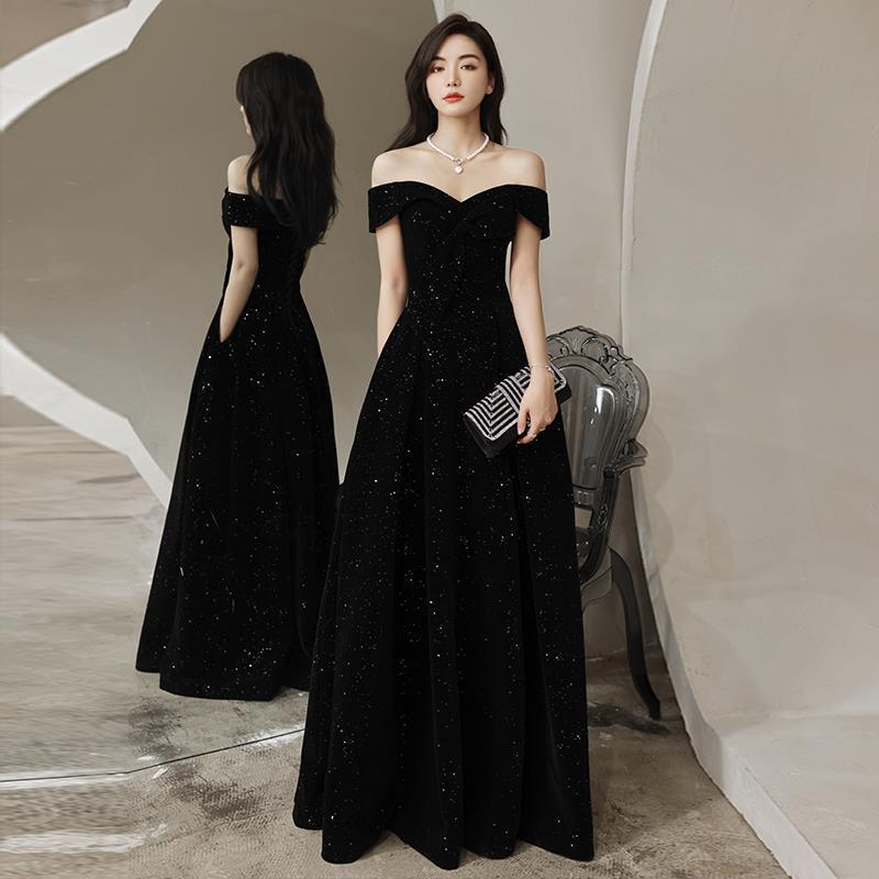 One-Shoulder Black Host Evening Gown Dress, Elegant for Banquets, 2026 New Model, Starry Sky Velvet, Spring Long Style