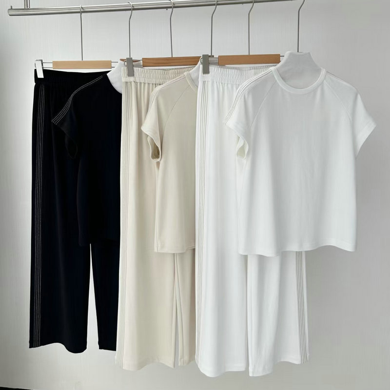 25 Spring and Summer Bc Style Long-Staple Cotton Casual Suit Round Neck Beaded Short-Sleeved T-Shirt with Straight Pants Two-Piece Set