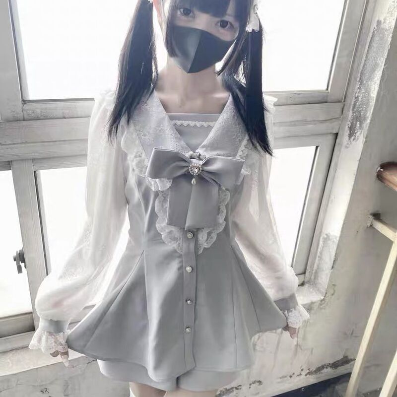 Nekura Lace Navy Collar Mesh Long-Sleeve Dress with Large Bow in Aqua Color, Unique Design for Home Wear