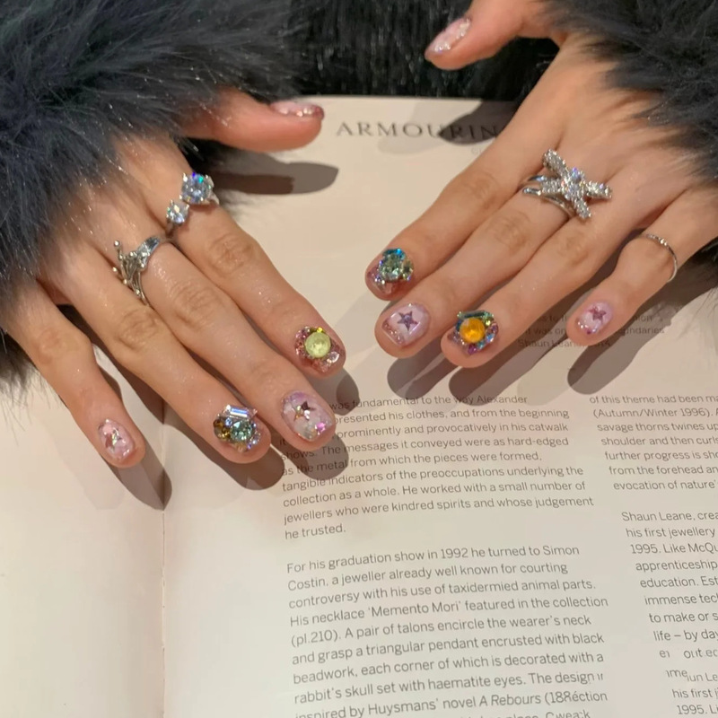 Daisyson [Galaxy Brilliance] Ins Wearable Nail Art Pieces Handmade Colorful Rhinestone Nail Stickers Fake Nails