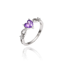亚马逊新品S925纯银天然紫水晶心形戒指欧美简约女士宝石跨境戒指