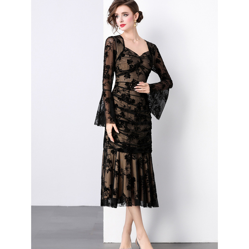 French Retro Elegant Socialite Dress Women's High-End Pleated Waist Slimming Slit Lace Ruffled Long Skirt
