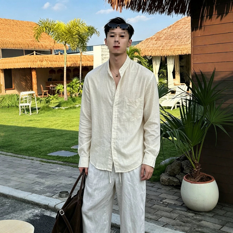 Lyocell Ice Silk Stand-Collar Linen Shirt for Men, Summer Old Money Style Cotton-Linen Long-Sleeve Shirt, Breathable Sun-Protection Jacket