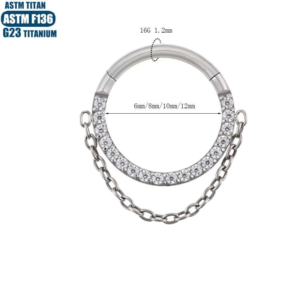 G23 Titanium Hinge Nose Ring with Zircon Chain Earrings - Seamless Open Ring Cartilage Septum Perforated Ear Ring Nose detail image 9