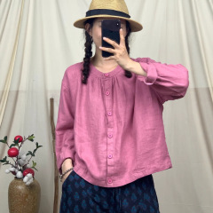 新品复古简约圆领单排扣纯色百搭宽松休闲苎麻长袖衬衫