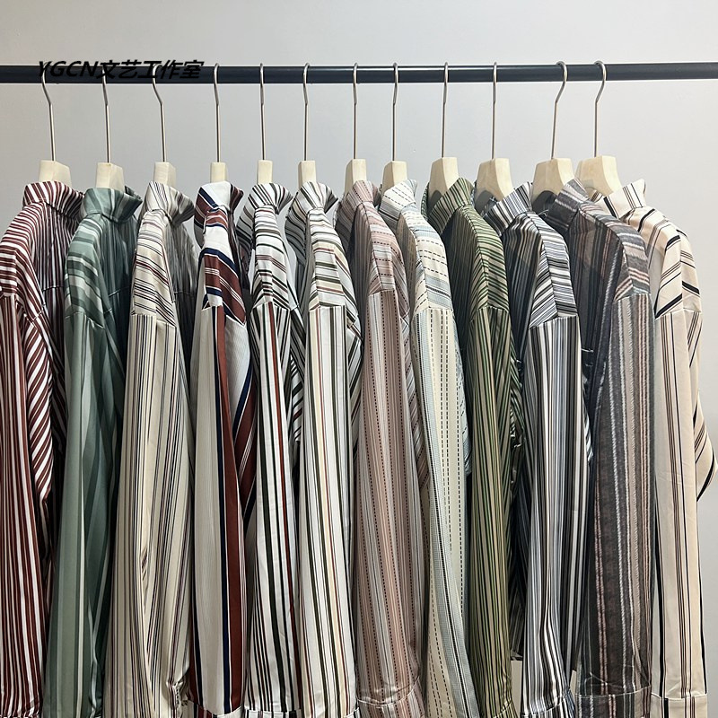 Japanese Style Trendy Brand Retro Color Matching Striped Long-sleeved Shirt Men's and Women's Hip-hop Street Loose Casual Shirt Jacket for Couple