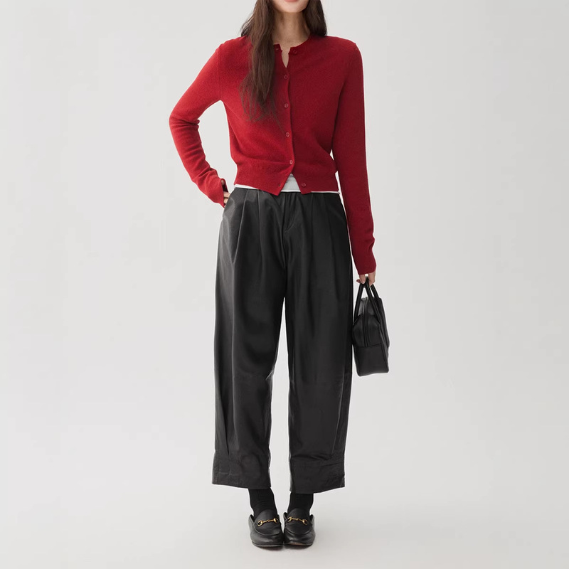 Bright Red Cardigan/White-Enhancing Red Round-Neck Sweater Wool Knitwear Jacket