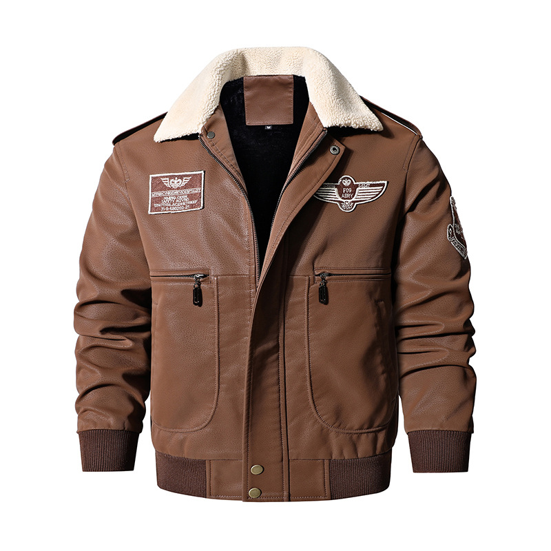 Men's plus size PU pigskin plush collar, pilot motorcycle jacket, men's embroidery and velvet leather jacket_ipsvogv.com