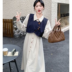 2025新款韩系连衣裙套装学院风减龄米杏色衬衫裙牛仔马甲两件套女