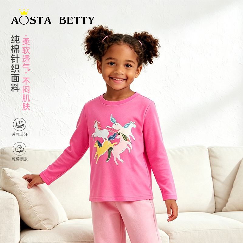 AostaBetty女童长袖T恤 欧美风卡通独角兽印花儿针织棉中小童上衣
