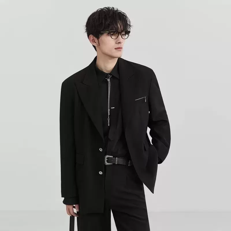 跨境春秋季新款拉链单排扣设计感休闲西装外套男士痞帅单件小西服