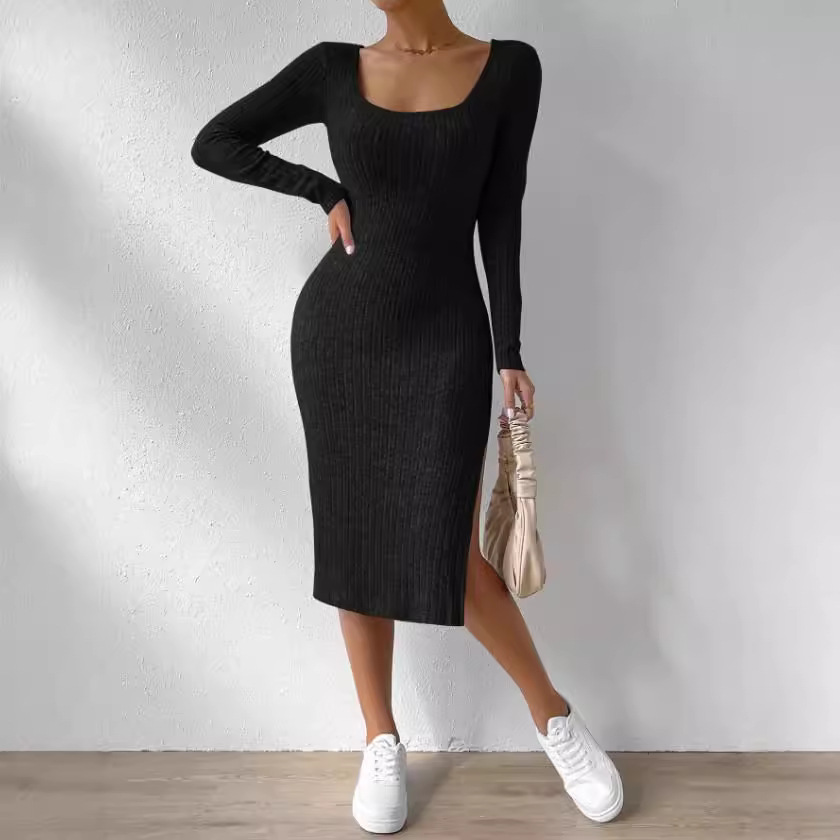 Independent Station Cross-Border Autumn Winter New European And American Style Square Neck Long Sleeve Hem Slit_ecoleips.com
