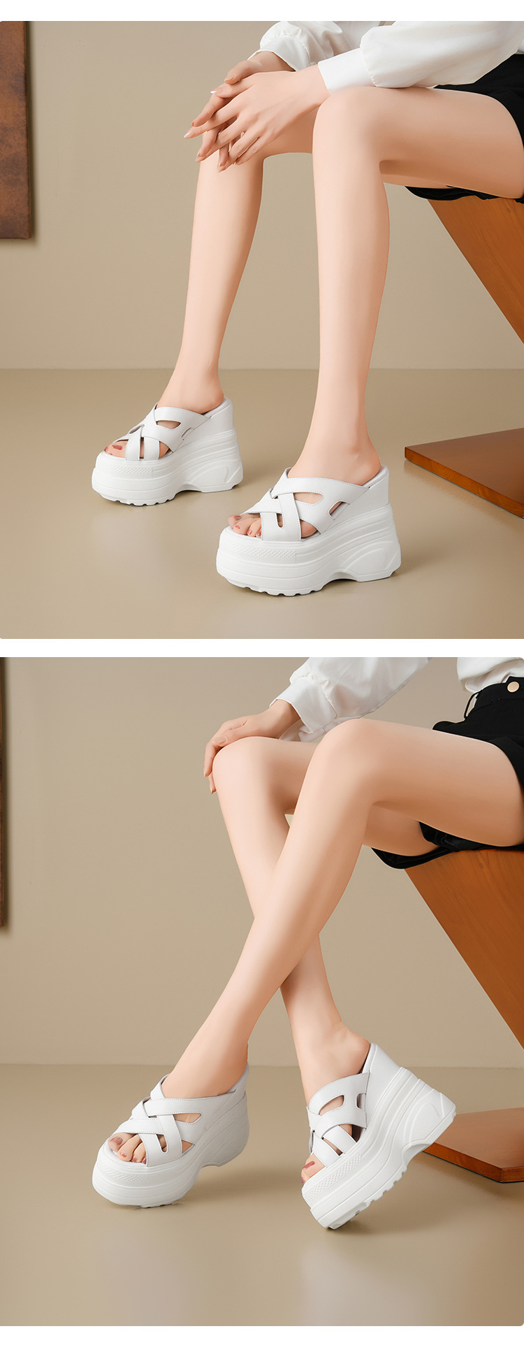 Sandal đế xuồng cao gót 14 cm quai chéo hở mũi mùa hè — Màu nâu, Màu đen, Màu trắng chi tiết 8