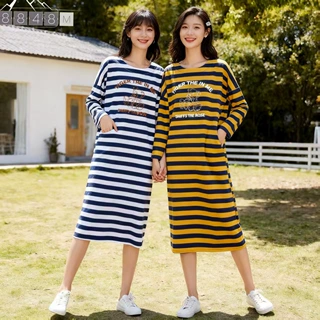 春秋季睡裙女针织棉长袖圆领大码女士睡衣中长款连衣裙一件代发