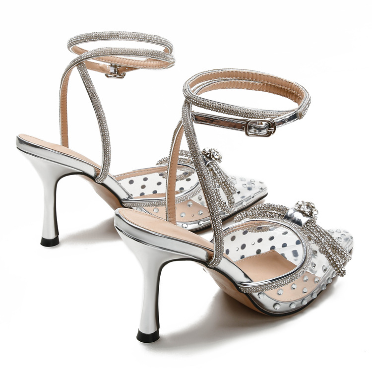 New rhine-diamond transparent high heel sandals women's fine heel pointed high heels with a line with a bun head_voghion.com