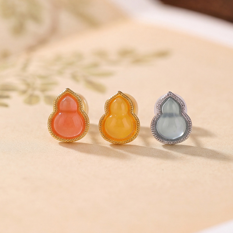 Bông tai bạc S925 đính đá hồ lô mã não mật sáp phong cách Trung Quốc — Mẫu Emerald