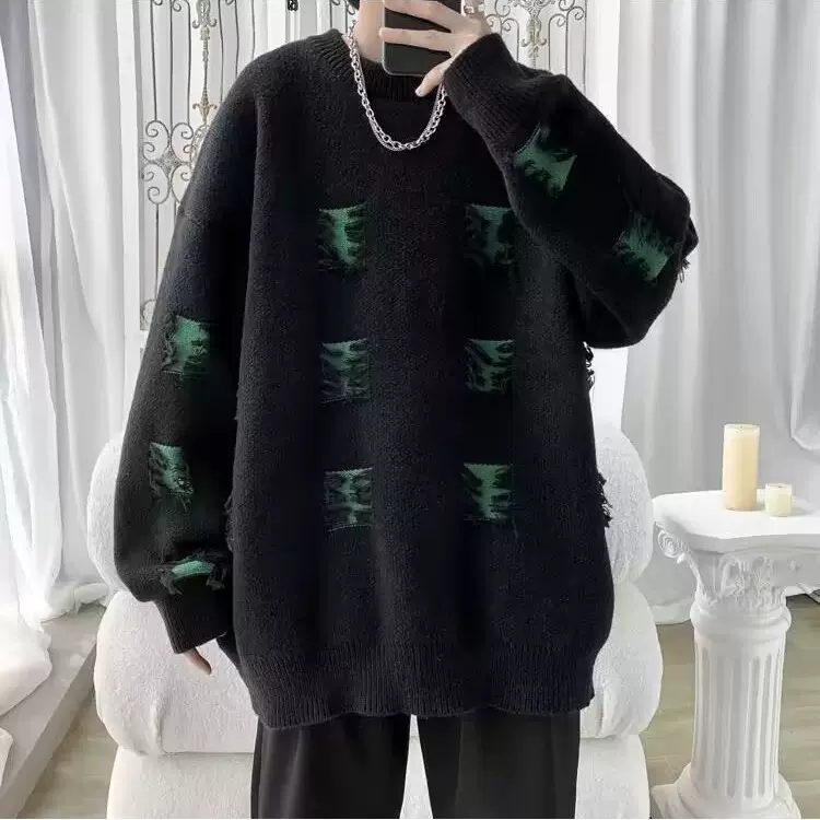 秋冬破洞毛衣男圆领套头潮牌ins嘻哈高街休闲美式日系复古针织衫