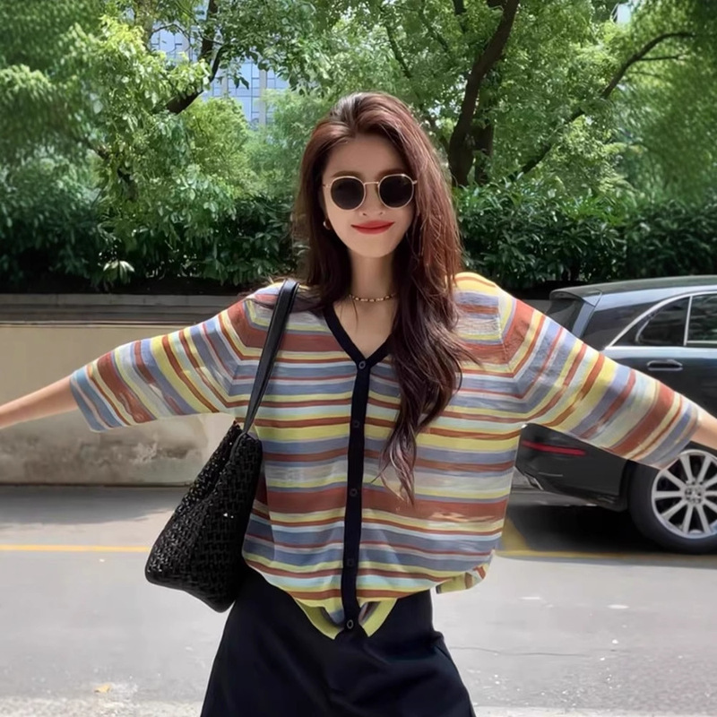 彩色条纹冰丝长袖针织开衫女夏季穿搭V领配吊带防晒外套薄款上衣|undefined