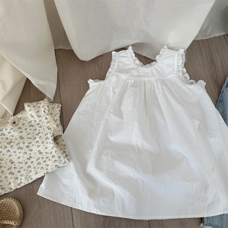 Xifan 2025 Spring New Girls Sweet Pure Color Lace Dress Kidsren's Cotton Korean Style Reversible Skirt