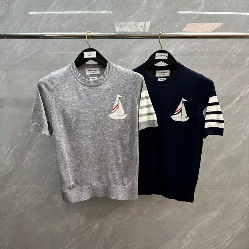 Factory Direct Sales Tb Women's Sailing Four-Bar Jacquard Knitted Wool Round Neck Short-Sleeved Preppy Style Knitwear