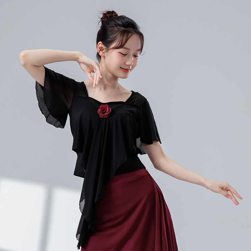 オリジナルデザインの女性用クラシックダンス練習服、夏用二層メッシュ、エレガントで妖精のような花の形をした半袖ガーゼ服|undefined