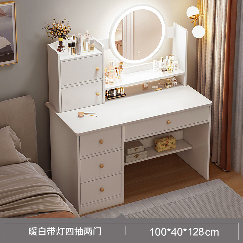 Tocador para dormitorios pequeños, sencillo y moderno, con gabinete de almacenamiento integrado, mini escritorio de maquillaje para apartamentos pequeños.