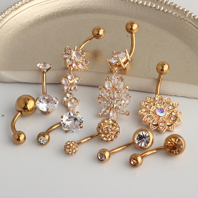 Rose Gold Flower Diamond Navel Ring Stainless Steel Dangle Belly Button Piercing 9-Piece Set detail image 7