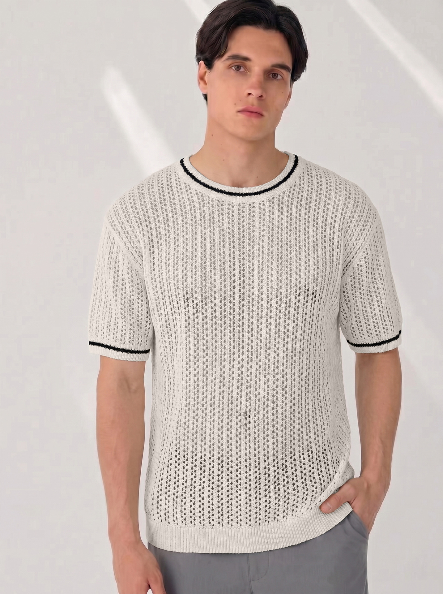 Herren Sommer Strickpullover Rundhals Kurzarm, Atmungsaktives Top_voghion.com