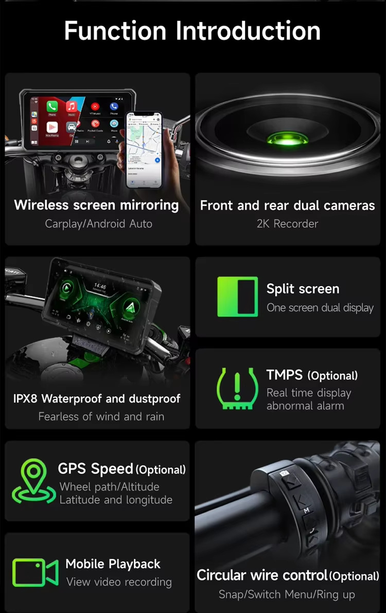 New Cross-Border 7inch Motorcycle Wireless Carplay Navigation Device with Front and Rear 2K High-Definition Recording Cameras
