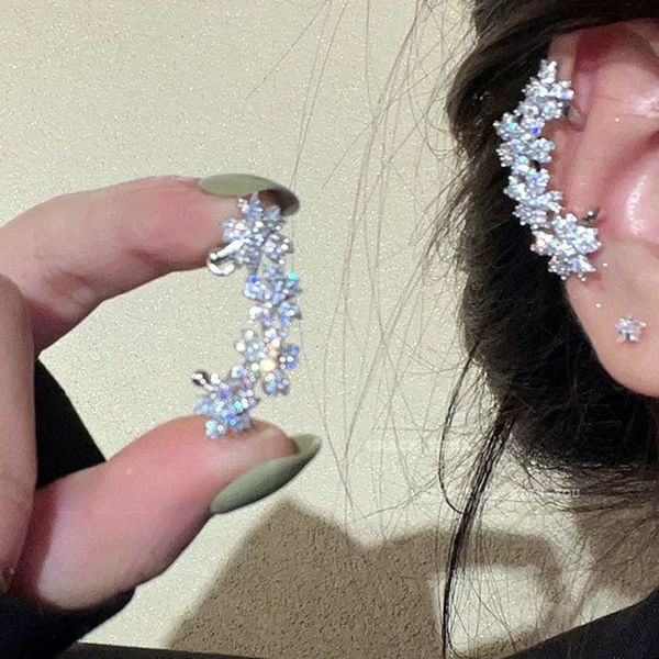 European and American Cross-Border Full Diamond Flower Ear Clips for Women Without Pierced Ears, Bridal Ear Bone Clips, Autumn and Winter Earrings, Earrings, Headwear, Ear Hooks