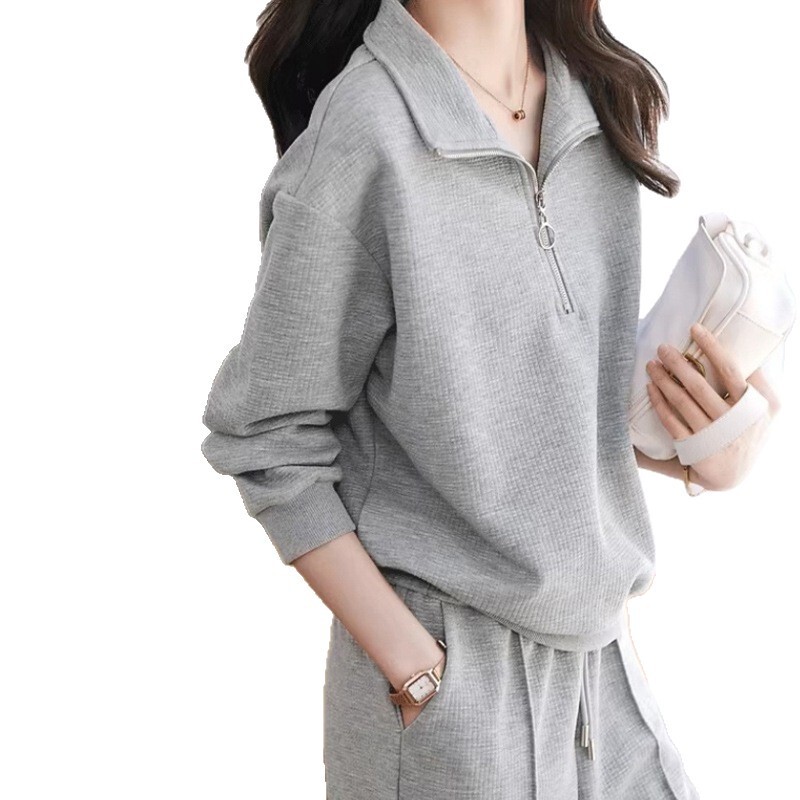 休闲肌理运动服两件套2025秋冬新款简约翻领卫衣松紧腰长裤女套装|undefined