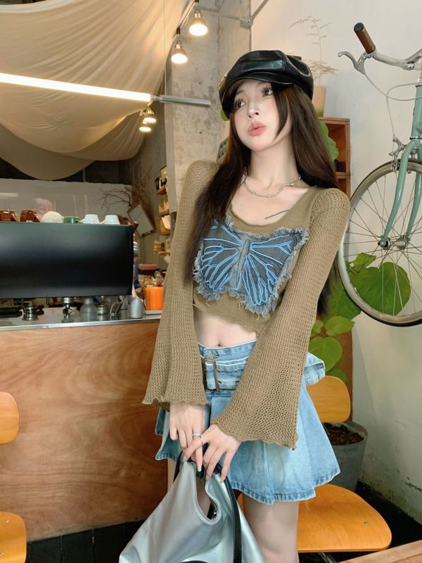 甜辣蝴蝶结长袖针织衫女秋季chic喇叭袖设计感小个子蓝色修身上衣|undefined