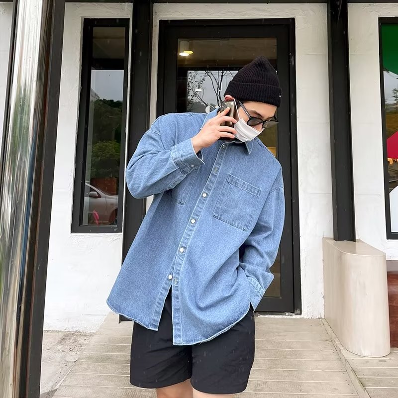 Spring and Autumn Japanese Style Fresh Style Fashionable Workwear Long-sleeved Shirt Men's Korean Style All-match Loose Handsome Denim Shirt Spring and Autumn Japanese Style Fresh Style Fashionable Workwear Long-sleeved Shirt Men's Korean Style All-match Loose Handsome Denim Shirt
